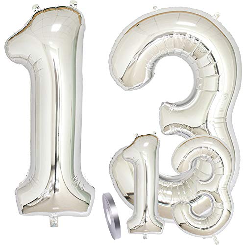 zooting Luftballons Zahl 13 Geburtstag XXL Silber - Riesen Folienballon Figuren in 2 Größen 40" & 16" | Set XXL 100cm + Mini 40cm Version Geburtstagsdeko | Vier Zahlen | Ideal zum 13. als Deko zooting Luftballons Zahl 13 Geburtstag XXL Silber - Riesen Folienballon Figuren in 2 Größen 40" & 16" | Set XXL 100cm + Mini 40cm Version Geburtstagsdeko | Vier Zahlen | Ideal zum 13. als Deko von zooting