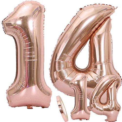Luftballons Zahl 14 Geburtstag XXL Rose Gold - Riesen Folienballon in 2 Größen 40" & 16" | Set XXL 100cm + Mini 40cm Version Geburtstagsdeko | Insgesamt Vier Zahlen | Ideal zum 14. als Deko Luftballons Zahl 14 Geburtstag XXL Rose Gold - Riesen Folienballon in 2 Größen 40" & 16" | Set XXL 100cm + Mini 40cm Version Geburtstagsdeko | Insgesamt Vier Zahlen | Ideal zum 14. als Deko von zooting