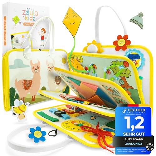 zoula kidz® Busy Board deutsch ab 3 Jahre - Motorikspielzeug & Montessori Buch mit 8 Seiten und 23 Aktivitäten - sicher & schadstofffrei - ideales Reise Spielzeug & Geschenk für Kleinkinder (Alpaka) von zoula kidz