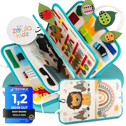 zoula kidz® Montessori Spielzeug ab 3 Jahre - Quiet Book & Busy Board mit 8 Seiten und 23 Aktivitäten - sicher & schadstofffrei - ideales Reise Spielzeug & Motorikspielzeug aus weichem Filz (Löwe) von zoula kidz