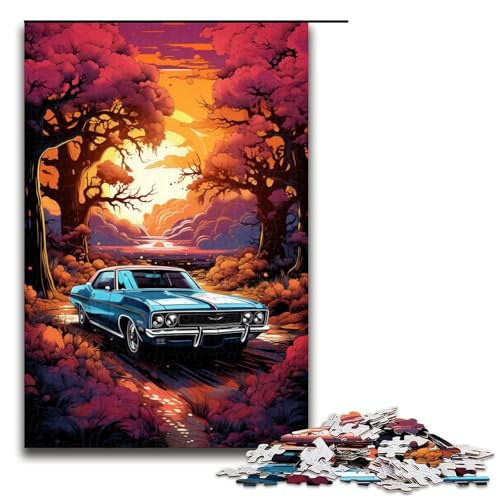 1000 Teile Bunte Psychedelia von rosa klassischen Autos Puzzle für Erwachsene Unmögliches Puzzle zum Stressabbau für Teenager ab 14 Jahren 75x50cm von zouxangzz