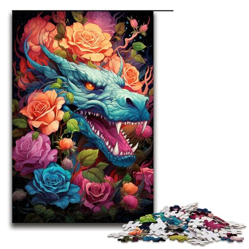 1000 Teile Bunter Psychedelischer Drache unter Rosen Puzzle für Erwachsene Spaß für die ganze Familie Familienspiel Stressabbau schwieriges Herausforderungspuzzle 75 x 50 cm von zouxangzz