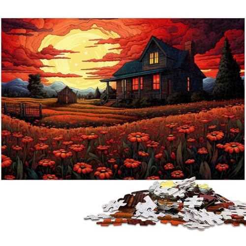 1000 teiliges Puzzle „Kleines Haus auf einem Feld mit Blumen Puzzle für Erwachsene Papierpuzzle für Sommerliebhaber (Größe 38 x 26 cm) von zouxangzz