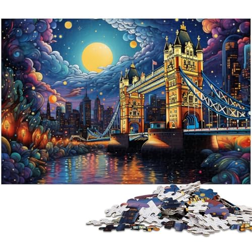 1000 teiliges Puzzle „Psychedelische London Bridge bei Nacht Puzzle für Erwachsene Holzpuzzle anspruchsvolles Spiel (Größe 75 x 50 cm) von zouxangzz