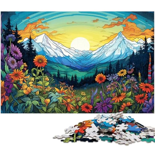 1000 teiliges Puzzle Bunte Blumen und Berge Puzzle für Erwachsene Holzpuzzle anspruchsvolles Spiel 1000 Teile (75 x 50 cm) von zouxangzz