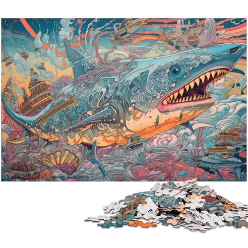 1000 teiliges Puzzle Hai unter Fischern Puzzle für Erwachsene Holzpuzzle anspruchsvolles Spiel (Größe 75 x 50 cm) von zouxangzz