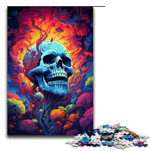 1000 teiliges Puzzle farbenfrohe Psychedelia mit rauchigen Totenköpfen Puzzle für Erwachsene und Kinder Holzpuzzle pädagogisches Spielzeug zum Stressabbau 75 x 50 cm von zouxangzz