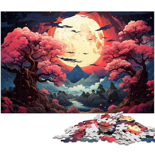1000 teiliges Puzzle farbenfrohe psychedelische Farbe des Vollmonds Kirschblüten Puzzles Holzpuzzles Lernspiele Heimdekoration 1000 Stück (75 x 50 cm) von zouxangzz