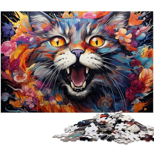 1000 teiliges Puzzle farbenfrohes psychedelisches Katzen und Blumen Puzzle für Erwachsene Holzpuzzle anspruchsvolles Spiel 1000 Teile (75 x 50 cm) von zouxangzz