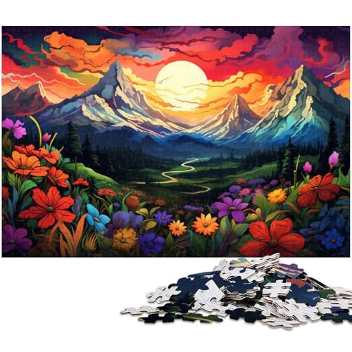 1000 teiliges Puzzle für Erwachsene Bunte Blumen und Berge Holzpuzzle Lernspielzeug 1000 Teile (75 x 50 cm) von zouxangzz