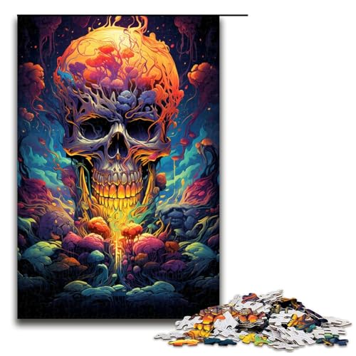 1000 teiliges Puzzle für Erwachsene farbenfroher Psychedelischer Blumenschädel auf Flammen Puzzle für Erwachsene Holzpuzzle anspruchsvolles Spiel 75 x 50 cm von zouxangzz