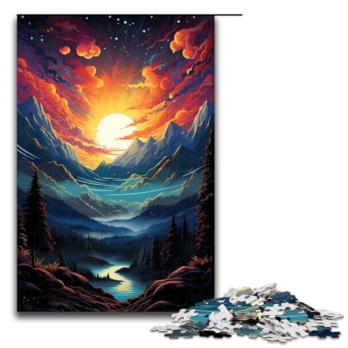 1000 teiliges Puzzle für Erwachsene farbenfrohes psychedelisches Polarlicht Sonnenuntergang Berge Holzpuzzle für Erwachsene und Kinder Stressabbau Tool 75 x 50 cm von zouxangzz