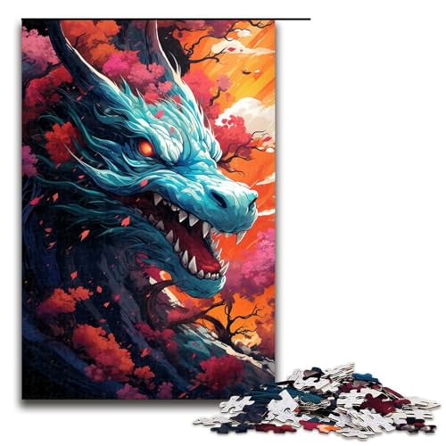 1000 teiliges Puzzle mit bunten psychedelischen Drachen und Kirschblüten aus Japan für Kinder Holzpuzzle Heimkunstdekor 75 x 50 cm von zouxangzz