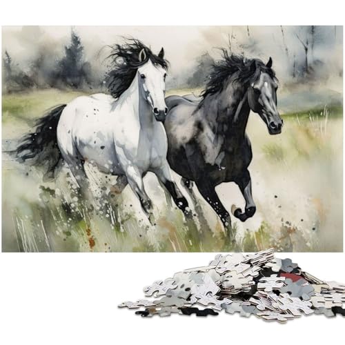 1000 teiliges Puzzle mit schwarz weißen Pferden Holzpuzzle Lernspiele Heimdekoration (Größe 75 x 50 cm) von zouxangzz