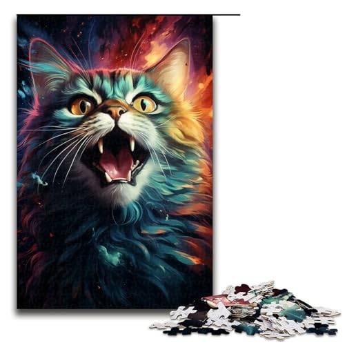 Jigsaw Puzzle mit 1000 Teilen für Erwachsene und Kinder farbenfrohe Psychedelia of Cosmic Space Cats Puzzle für Erwachsene Holzpuzzle 75 x 50 cm von zouxangzz