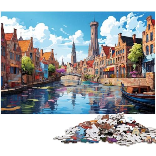 Puzzle 1000 Teile Farbillustration von Brügge Puzzle für Erwachsene Holzpuzzle Spielzeug Wanddekoration 1000 Teile (75 x 50 cm) von zouxangzz