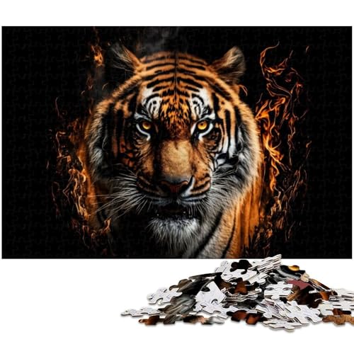 Puzzle 1000 Teile Wütender Tiger mit Feuer Puzzle für Erwachsene Holzpuzzle Spielzeug Wanddekoration (Größe 75 x 50 cm) von zouxangzz