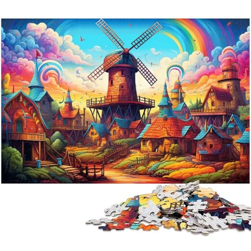 Puzzle 1000 Teile buntes Regenbogen Windmühlenstadt Puzzle für Erwachsene Holzpuzzle Spielzeug Wanddekoration 1000 Teile (75 x 50 cm) von zouxangzz