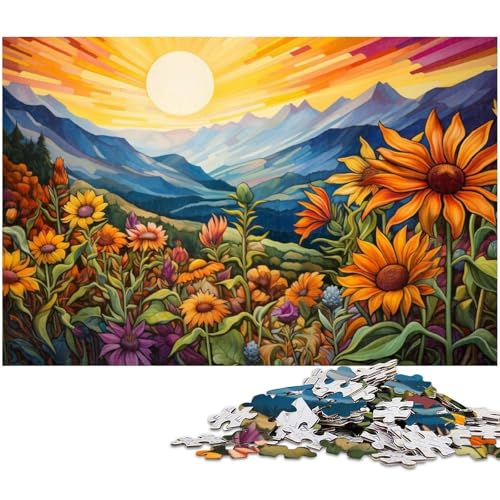 Puzzle 1000 Teile für Erwachsene Blumen und Berge bei Sonnenuntergang Puzzle Wanddekoration tolles Geschenk für Teenager ab 14 Jahren 1000 Teile (38 x 26 cm) von zouxangzz