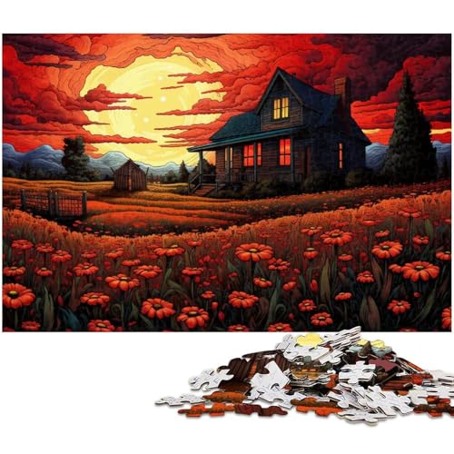 Puzzle 1000 Teile für Erwachsene Kleines Haus auf dem Feld mit Blumen Puzzle Wanddekoration Geburtstagsgeschenk Wandkunst (Größe 75 x 50 cm) von zouxangzz