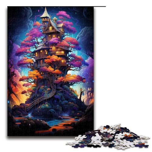 Puzzle 1000 Teile für Erwachsene farbenfrohes psychedelisches Fantasie Natur Baumhaus Puzzle praktisches Spiel einzigartige Heimdekoration und Geschenke 75 x 50 cm von zouxangzz