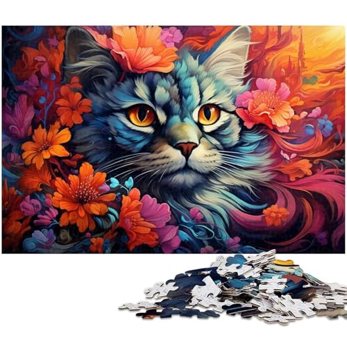 Puzzle 1000 Teile für Erwachsene von Buntes psychedelisches Katzenblumen Puzzle für Erwachsene Papierpuzzle Lernspiel 1000 Teile (38 x 26 cm) von zouxangzz