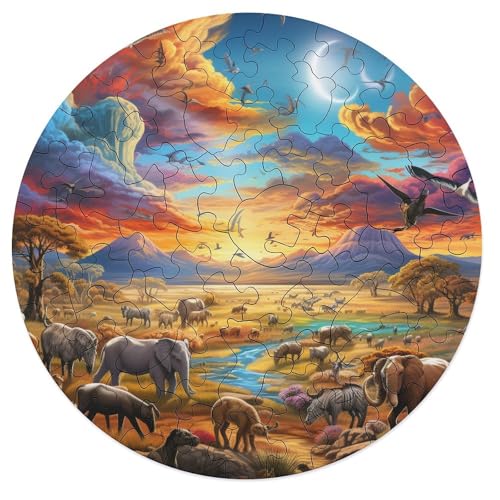 Puzzle 68 Teile für Erwachsene Afrikanische Tiere Puzzle für Erwachsene Holzrunde Puzzles Familienspiele Weihnachtsgeburtstagsgeschenke 20x20cm von zouxangzz