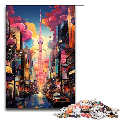 Puzzle für Erwachsene 1000 Teile farbenfrohe Psychedelia der Straßenszene des Osaka Turms Puzzle Lernspiele für Zuhause DIY Spielzeug tolles Geschenk für Spiele 75 x 50 cm von zouxangzz