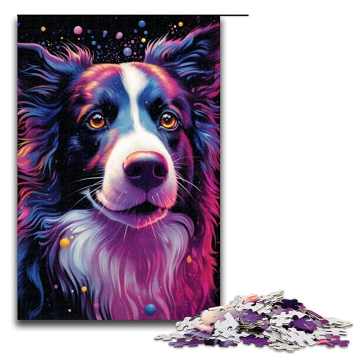 Puzzle für Erwachsene 1000 Teile farbenfrohes psychedelisches Border Collie Holzpuzzle 75 x 50 cm von zouxangzz