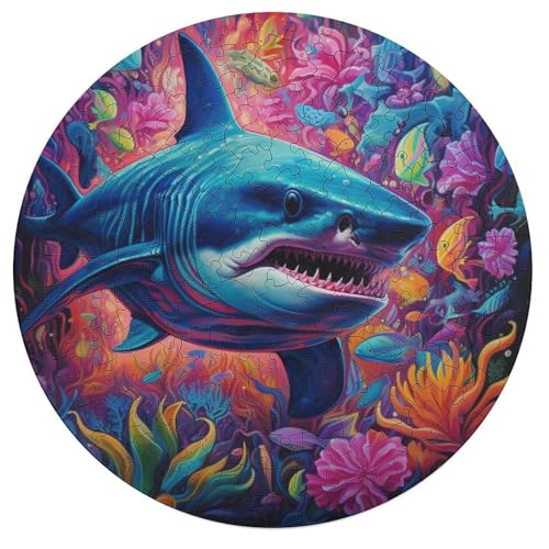 Puzzle für Erwachsene 195 Teile Tierkunst Hai Puzzle für Erwachsene rundes Holzpuzzle Familienpuzzlespiel 42 x 42 cm von zouxangzz