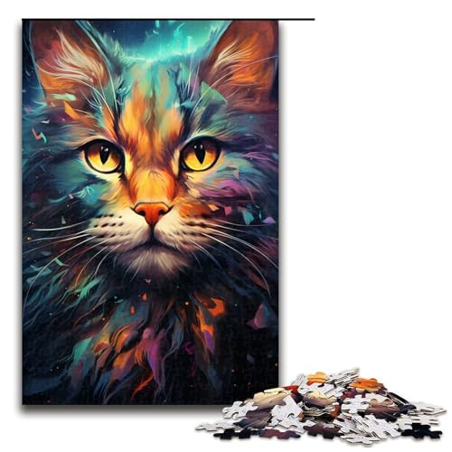 Puzzle für Erwachsene Bunte Psychedelia der kosmischen Weltraumkatzen 1000 teiliges Holzpuzzle für Kinder ab 12 Jahren Lernspielzeug 75 x 50 cm von zouxangzz