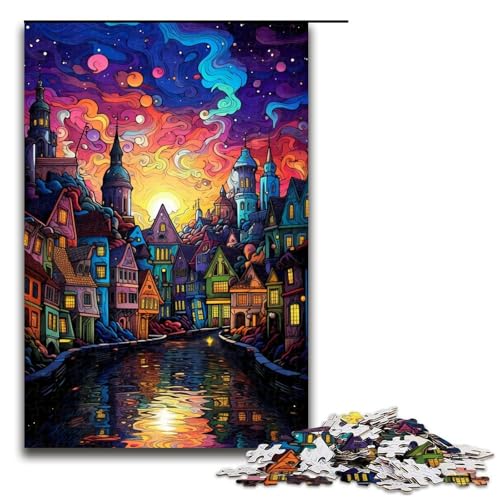 Puzzle für Erwachsene Bunte Psychedelia in Brügge 1000 Teile Holzpuzzle für Erwachsene und Kinder ab 12 Jahren 75 x 50 cm von zouxangzz