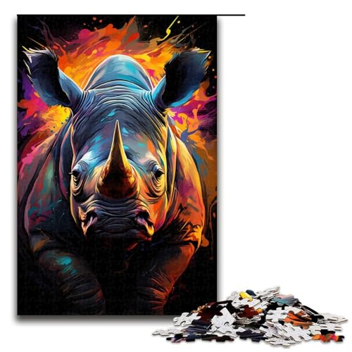 Puzzle für Erwachsene Bunte Psychedelia mit Neon Nashorn 1000 teiliges Holzpuzzle für Familienspiele 75 x 50 cm von zouxangzz