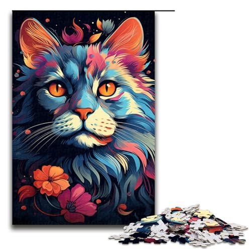 Puzzle für Erwachsene Bunte exotische Blumenkatze 1000 Teile Holzpuzzle für Kinder ab 12 Jahren Heimdekoration 75 x 50 cm von zouxangzz