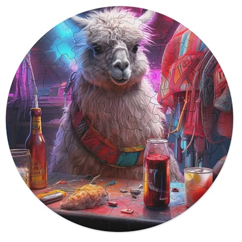 Puzzle für Erwachsene Tier Alpaka 68 teiliges Puzzle rundes Holzpuzzle für Erwachsene und Kinder zum Stressabbau 20 x 20 cm von zouxangzz