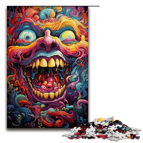 Puzzle für Erwachsene bunt Psychedelischer böser Totenkopf 1000 teiliges Holzpuzzle für Erwachsene und Kinder ab 14 Jahren 75 x 50 cm von zouxangzz