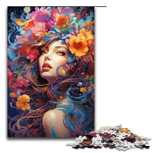 Puzzle für Erwachsene buntes psychedelisches Blumenmädchen 1000 Teile Holzpuzzle für Kinder ab 14 Jahren Heimdekoration 75 x 50 cm von zouxangzz