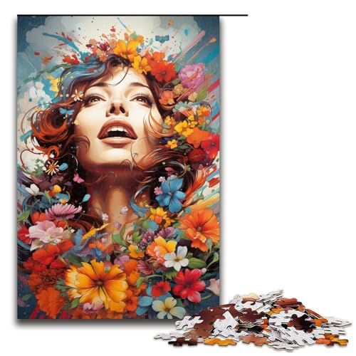 Puzzle für Erwachsene buntes psychedelisches Blumenmädchen 1000 teiliges Holzpuzzle für Familienspiele 75 x 50 cm von zouxangzz