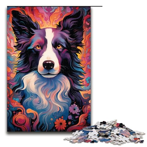 Puzzle für Erwachsene farbenfroh psychedelisch Border Collie 1000 Teile Holzpuzzle für Kinder ab 14 Jahren anspruchsvolles Spiel 75 x 50 cm von zouxangzz