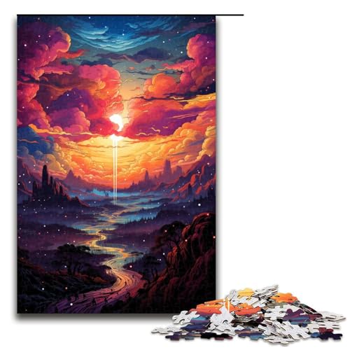 Puzzle für Erwachsene farbenfroh psychedelisch verträumter Sonnenuntergang 1000 teiliges Holzpuzzle für Erwachsene und Kinder ab 14 Jahren 75 x 50 cm von zouxangzz