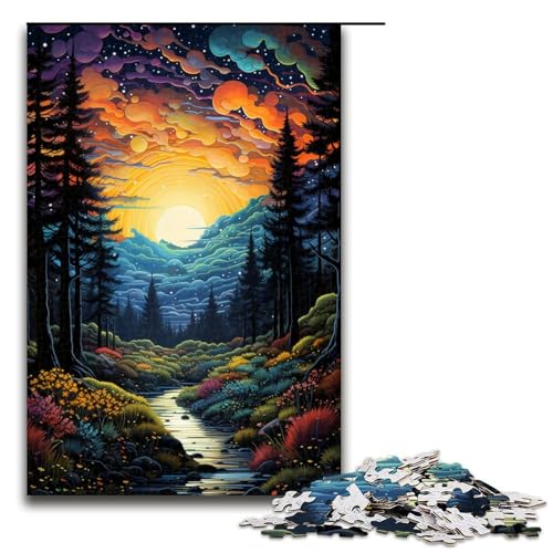 Puzzle für Erwachsene farbenfrohe Psychedelia leuchtender Sterne im Wald 1000 Teile Holzpuzzle für Erwachsene und Kinder ab 14 Jahren 75 x 50 cm von zouxangzz