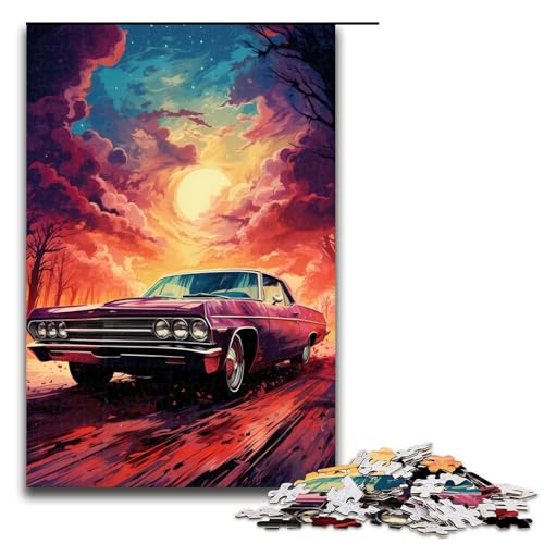 Puzzle für Erwachsene farbenfrohe Psychedelia von rosa Oldtimern 1000 Teile Holzpuzzle für Erwachsene und Kinder ab 14 Jahren Lernspielzeug 75 x 50 cm von zouxangzz
