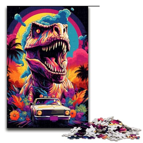 Puzzle für Erwachsene farbenfrohe psychedelische Dinosaurierautos 1000 Teile Holzpuzzle für Erwachsene und Kinder ab 14 Jahren 75 x 50 cm von zouxangzz