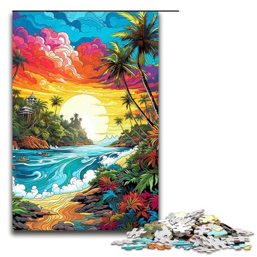 Puzzle für Erwachsene farbenfroher Psychedelischer Strand 1000 Teile Holzpuzzle für Erwachsene und Kinder ab 14 Jahren 75 x 50 cm von zouxangzz