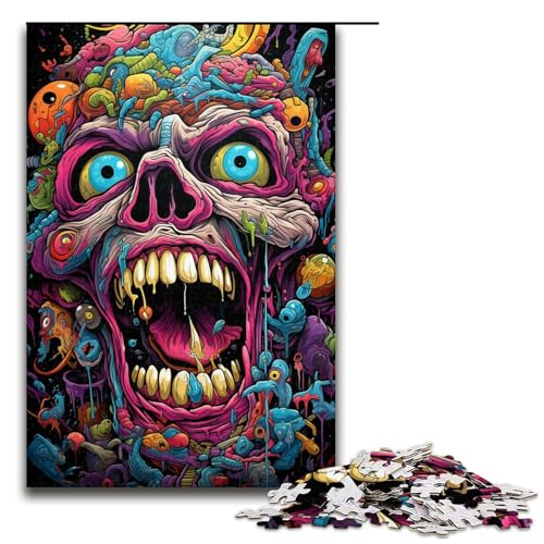 Puzzle für Erwachsene farbenfroher Psychedelischer böser Totenkopf 1000 Teile Holzpuzzle für Erwachsene und Kinder ab 14 Jahren 75 x 50 cm von zouxangzz