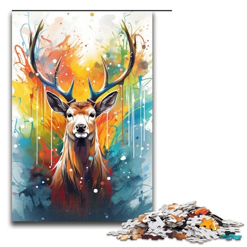 Puzzle für Erwachsene farbenfrohes psychedelisches Hirschtier 1000 Teile Holzpuzzle für Erwachsene und Kinder ab 14 Jahren 75 x 50 cm von zouxangzz