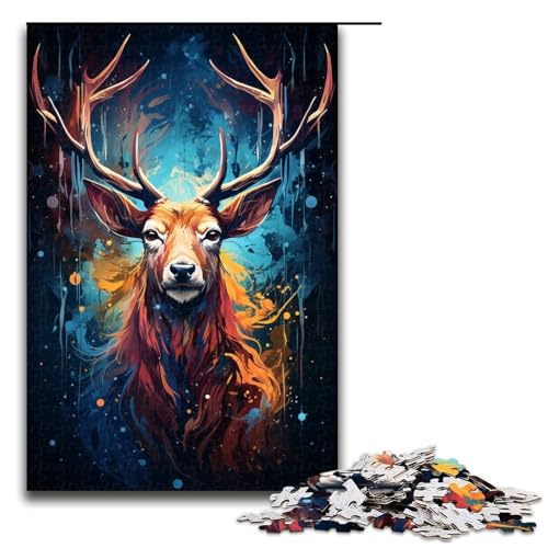 Puzzle für Erwachsene farbenfrohes psychedelisches Hirschtier 1000 Teile Holzpuzzle für Erwachsene und Kinder ab 14 Jahren 75 x 50 cm von zouxangzz