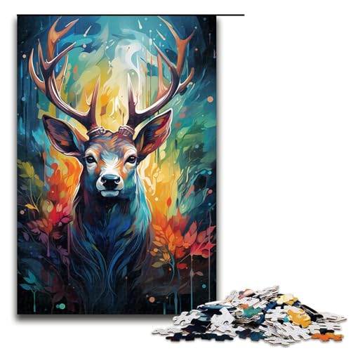 Puzzle für Erwachsene farbenfrohes psychedelisches Hirschtier 1000 Teile Holzpuzzle für Erwachsene und Kinder ab 14 Jahren Lernspielzeug 75 x 50 cm von zouxangzz