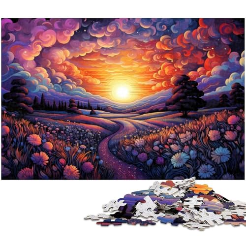 Puzzle für Erwachsene mit 1000 Teilen farbenfroher Psychedelischer Sonnenuntergang über Lavendel schwieriges Puzzle tolle Geschenke und Spielzeuge für Teenager ab 14 Jahren 1000 Teile (38 x 26 cm) von zouxangzz