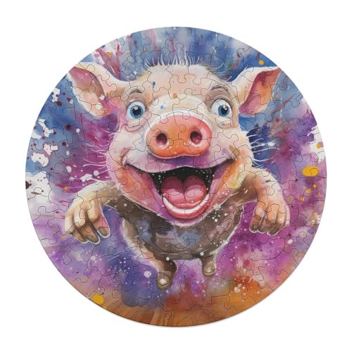 Puzzles 120 Teile Tierkunst Schwein Puzzle für Erwachsene Holzrunde Puzzles Puzzle Hands on Spiel 29x29cm von zouxangzz